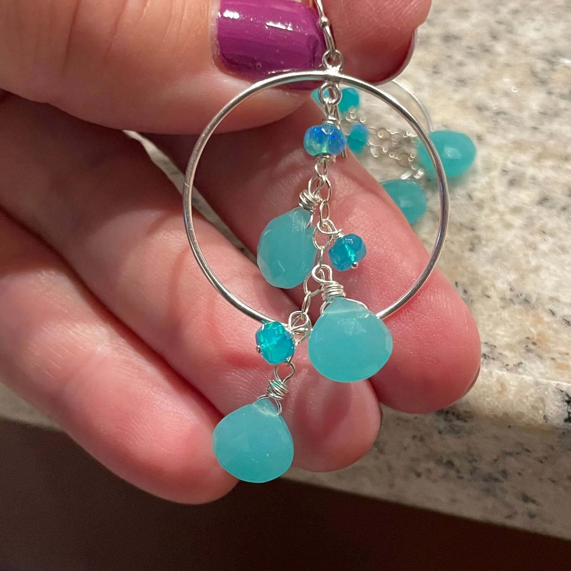 Aqua Opal and Chalcedony Hoop Earrings