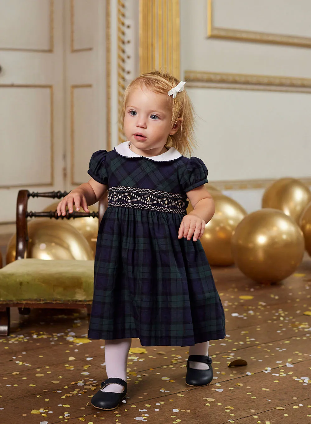 Baby Charlotte Smocked Dress in Navy Tartan