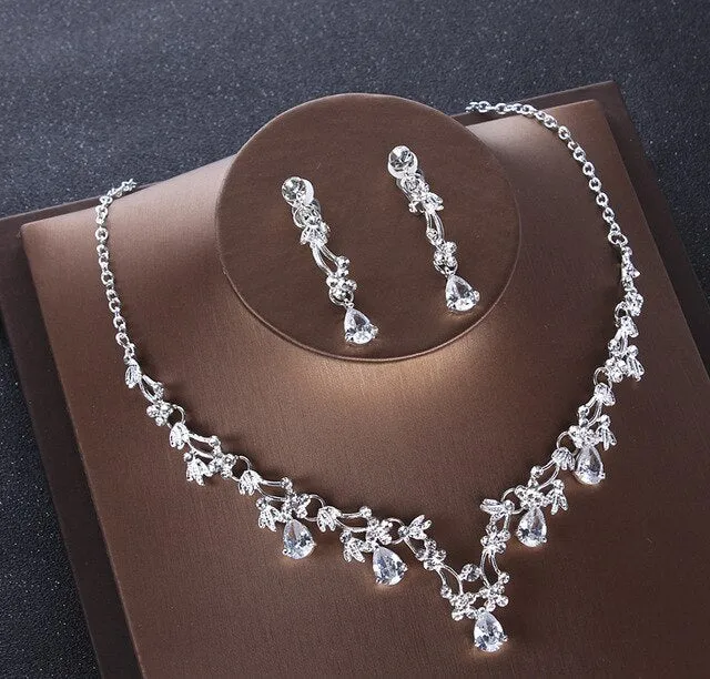 Baroque Silver Color and Crystal Tiara, Necklace & Earrings Wedding Jewelry Set