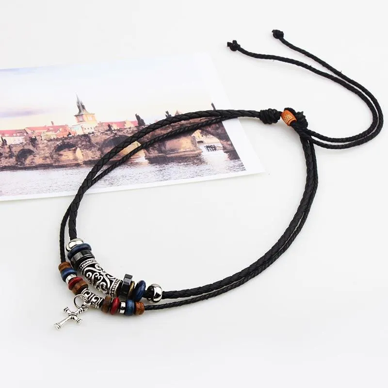 Beaded Knotted Leather Choker Necklace with Silver Cross Pendant Necklace