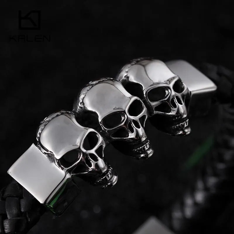 Black Braided Leather Stainless Steel Tri Skull Bracelet