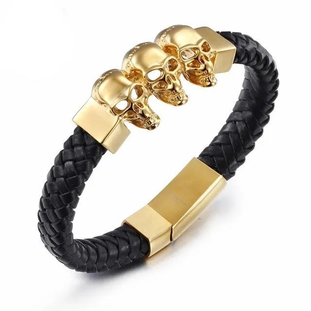 Black Braided Leather Stainless Steel Tri Skull Bracelet