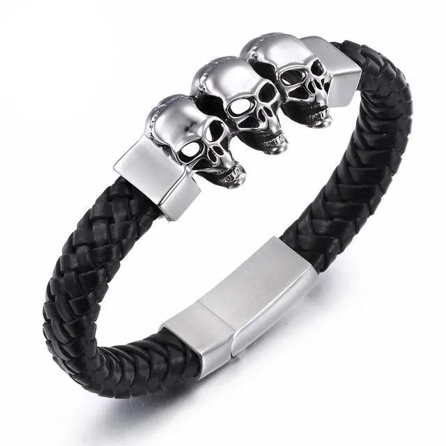 Black Braided Leather Stainless Steel Tri Skull Bracelet