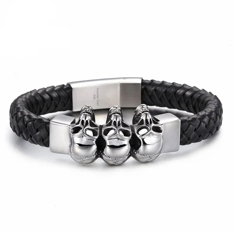 Black Braided Leather Stainless Steel Tri Skull Bracelet