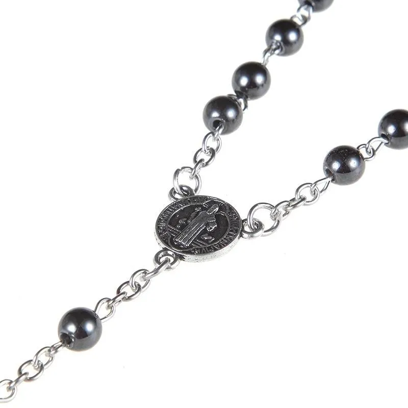 Black Cross Hematite Round Beaded Chain Rosary