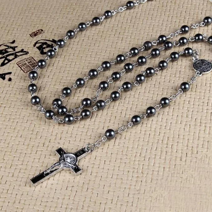 Black Cross Hematite Round Beaded Chain Rosary