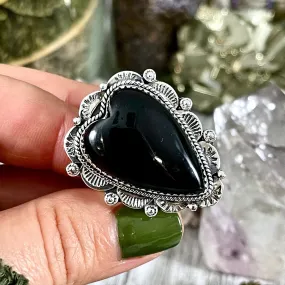 Black Onyx Heart Crystal Statement Ring in Sterling Silver- Designed by FOXLARK Collection Adjusts to size 6,7,8,9, or 10 / Gothic Jewelry