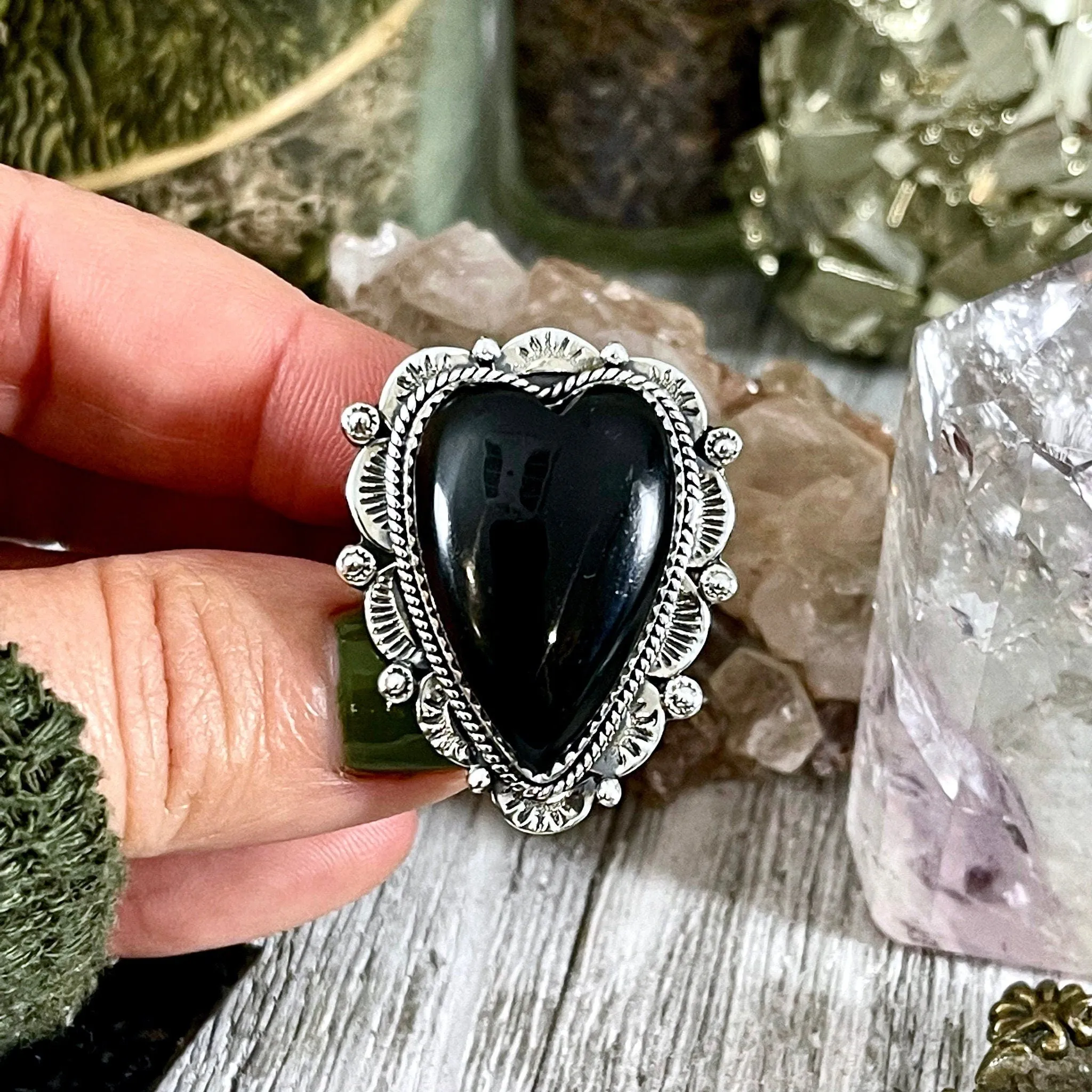 Black Onyx Heart Crystal Statement Ring in Sterling Silver- Designed by FOXLARK Collection Adjusts to size 6,7,8,9, or 10 / Gothic Jewelry