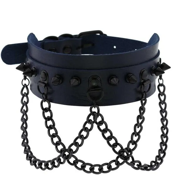 Black Spike Stud and Chain Link Collar Choker Leather Gothic Steampunk Necklace