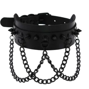 Black Spike Stud and Chain Link Collar Choker Leather Gothic Steampunk Necklace