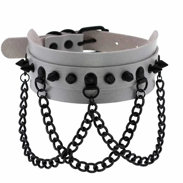 Black Spike Stud and Chain Link Collar Choker Leather Gothic Steampunk Necklace