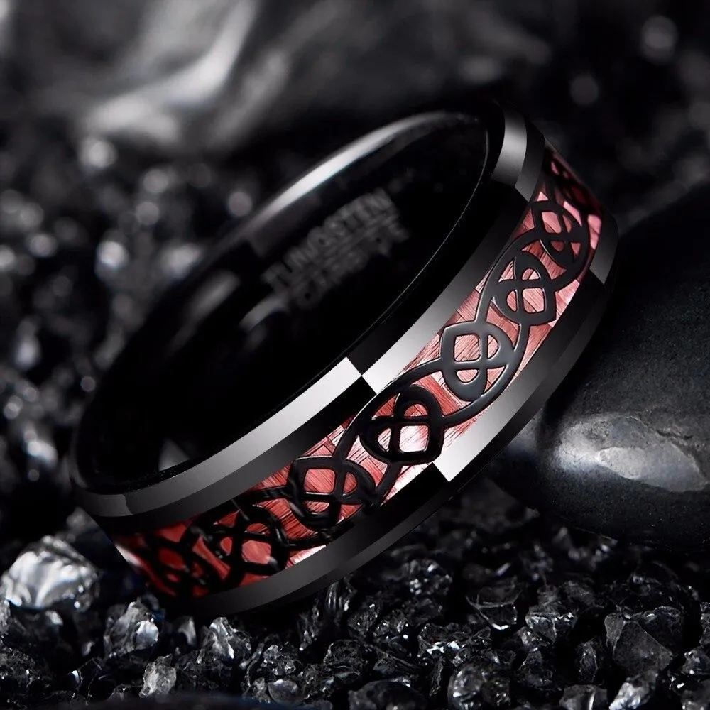 Black Tungsten Carbide in Pink Inlay with Heart Pattern Design Wedding Band