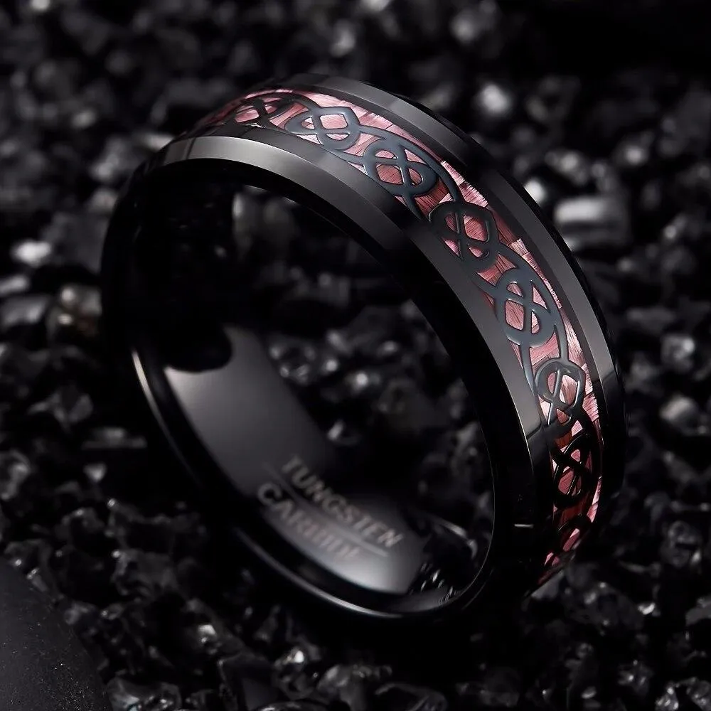 Black Tungsten Carbide in Pink Inlay with Heart Pattern Design Wedding Band