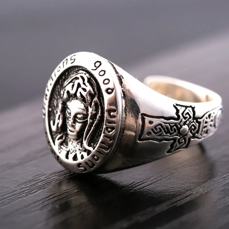 Blessed Virgin Mary and Cross 925 Sterling Silver Adjustable Retro Fashion Ring