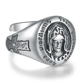 Blessed Virgin Mary and Cross 925 Sterling Silver Adjustable Retro Fashion Ring