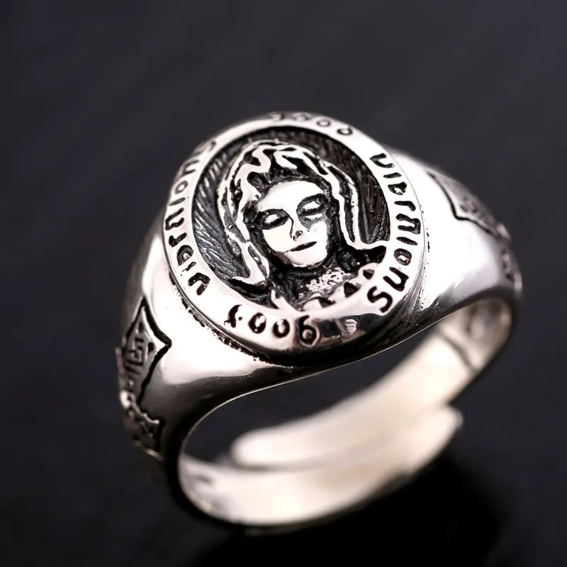 Blessed Virgin Mary and Cross 925 Sterling Silver Adjustable Retro Fashion Ring