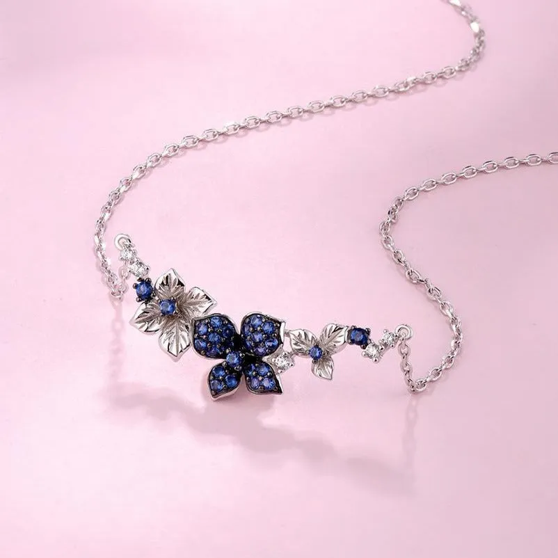 Blue and White Cubic Zirconia Flowers 925 Sterling Silver Fashion Pendant Necklace