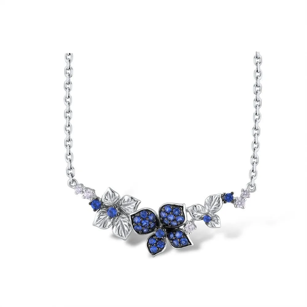 Blue and White Cubic Zirconia Flowers 925 Sterling Silver Fashion Pendant Necklace