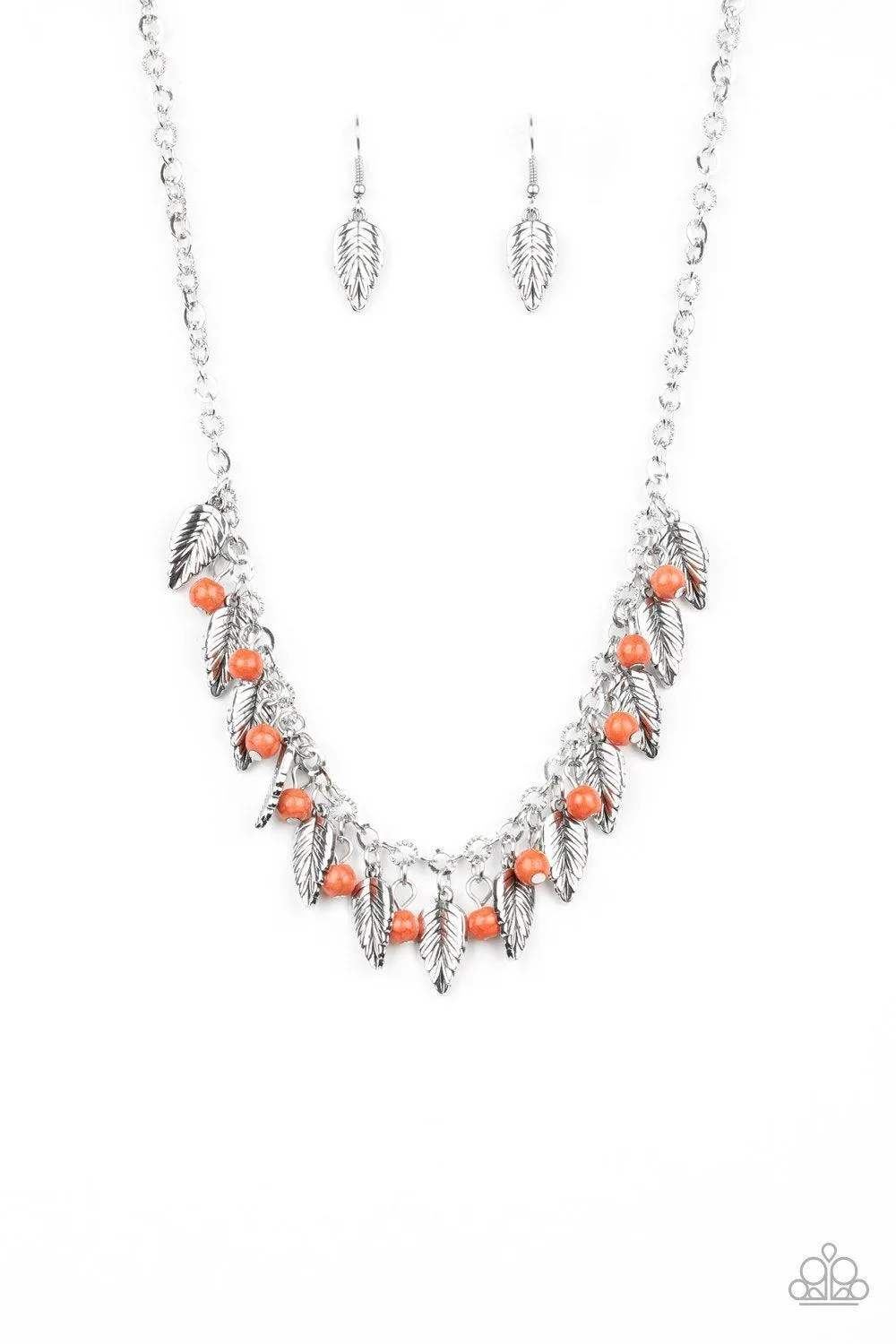 Boldly Airborne Orange and Silver Feather Necklace - Paparazzi Accessories