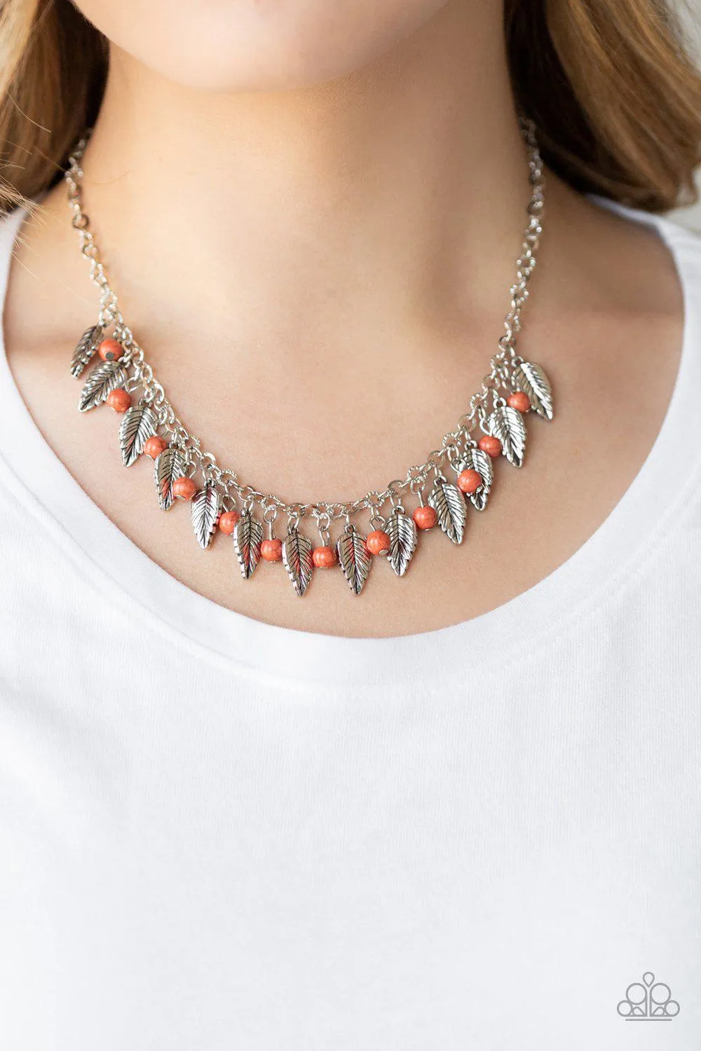 Boldly Airborne Orange and Silver Feather Necklace - Paparazzi Accessories