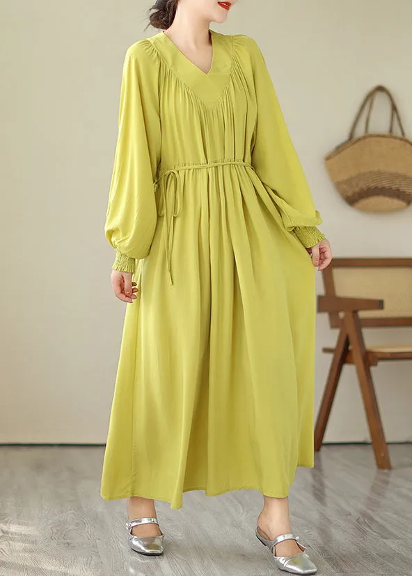 Boutique Yellow V Neck Green Long Dress Puff Sleeve VB1009