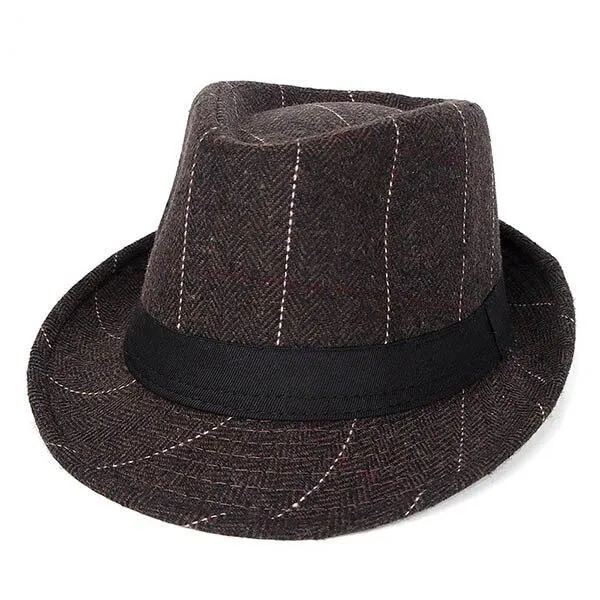 British Style Short Brim Plaid Fedora Trilby Hat with Black Hatband