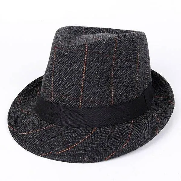 British Style Short Brim Plaid Fedora Trilby Hat with Black Hatband