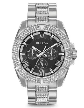 Bulova Mens Crystal Chronograph - Black Dial - Stainless Steel Case - Swarovski