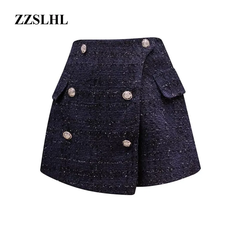 Buttons Tweed Wide-legged Shorts