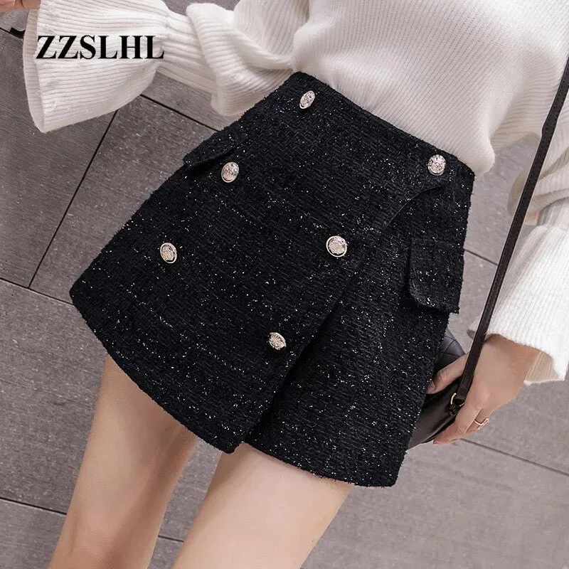 Buttons Tweed Wide-legged Shorts