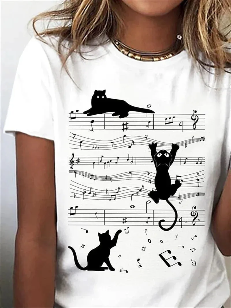 Cat Music Print Women's Short Sleeve T-Shirt