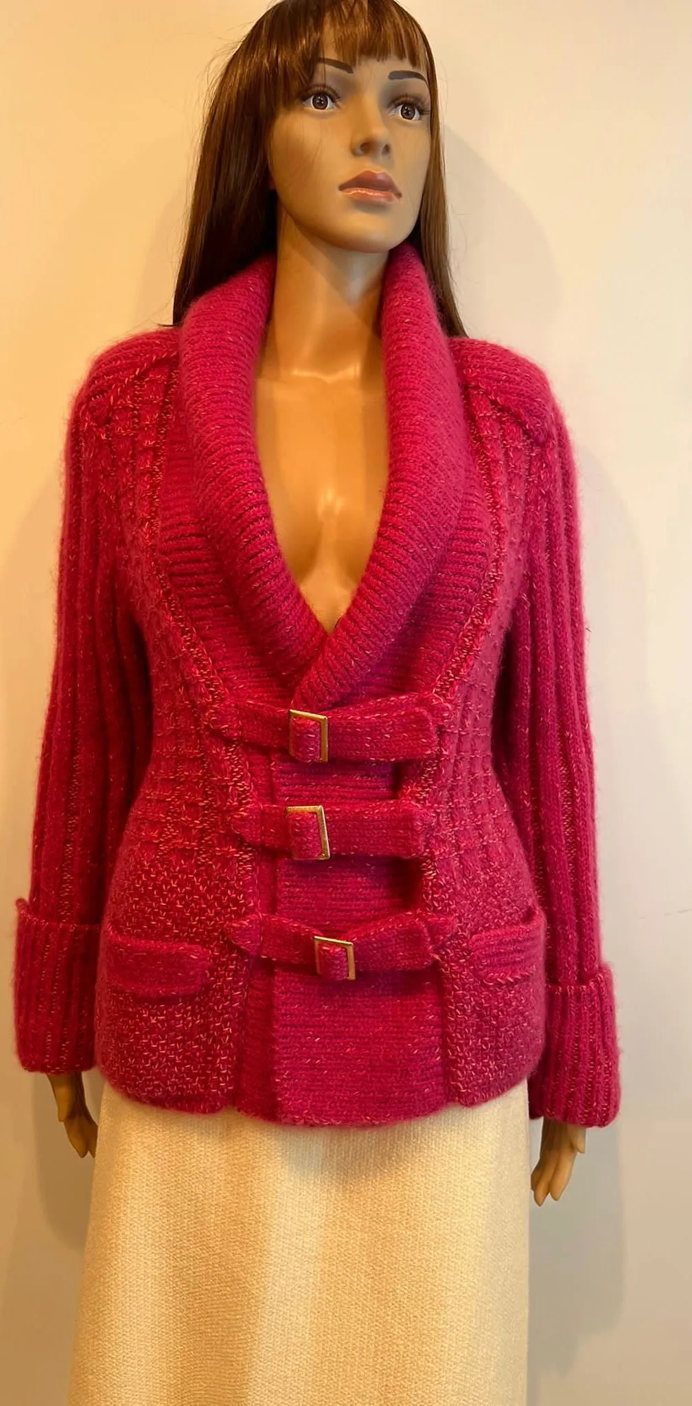 Chanel 2009 Pink Wool Mohair Buckle Sweater Cardigan FR 36 US 4/6/8