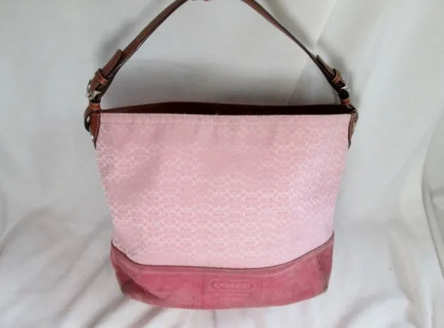 COACH F11666 Signature Jacquard Leather Canvas Bucket Hobo Shoulder Bag PINK Suede