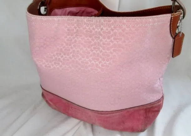 COACH F11666 Signature Jacquard Leather Canvas Bucket Hobo Shoulder Bag PINK Suede