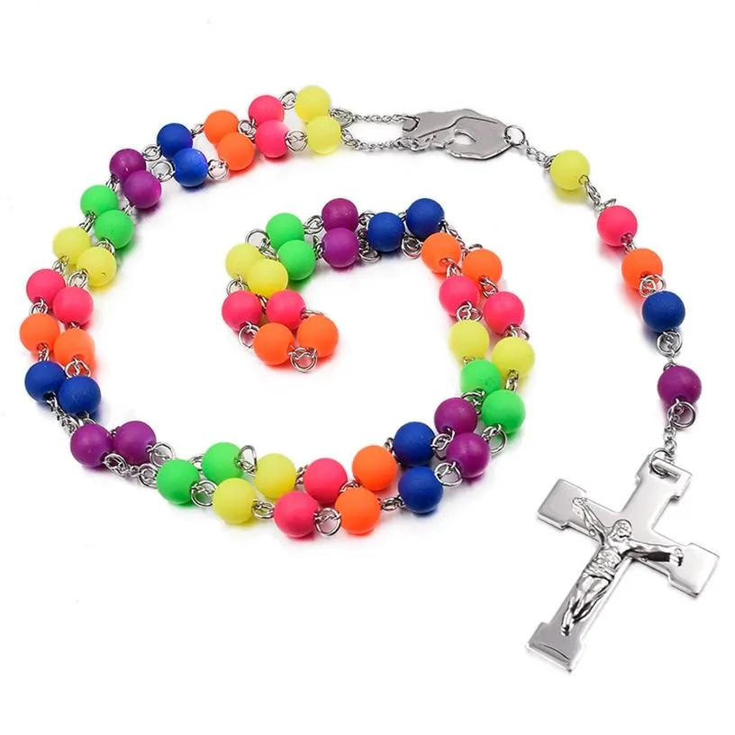 Colorful Beaded Rosary with Silver Cross Necklace