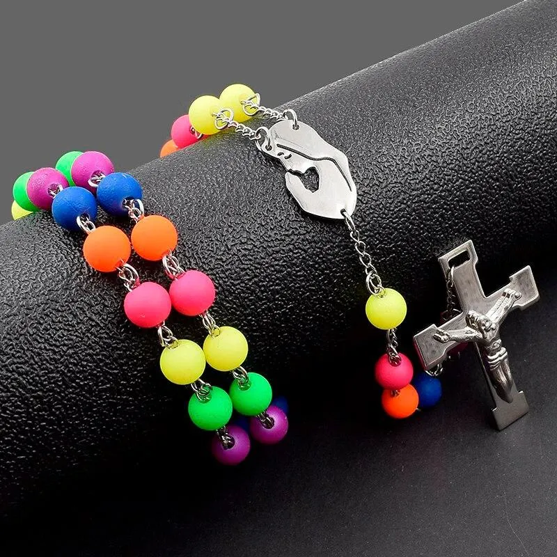 Colorful Beaded Rosary with Silver Cross Necklace