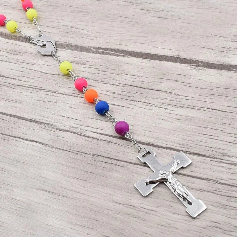 Colorful Beaded Rosary with Silver Cross Necklace