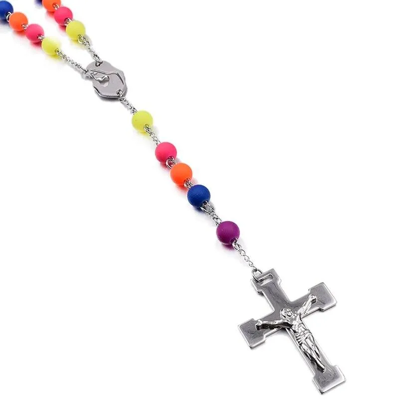 Colorful Beaded Rosary with Silver Cross Necklace