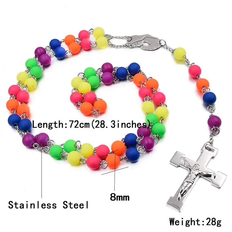 Colorful Beaded Rosary with Silver Cross Necklace