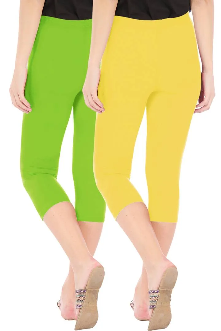 Combo Pack of 2 Skinny Fit 3/4 Capris Leggings for Women Merin Green Lemon Yellow