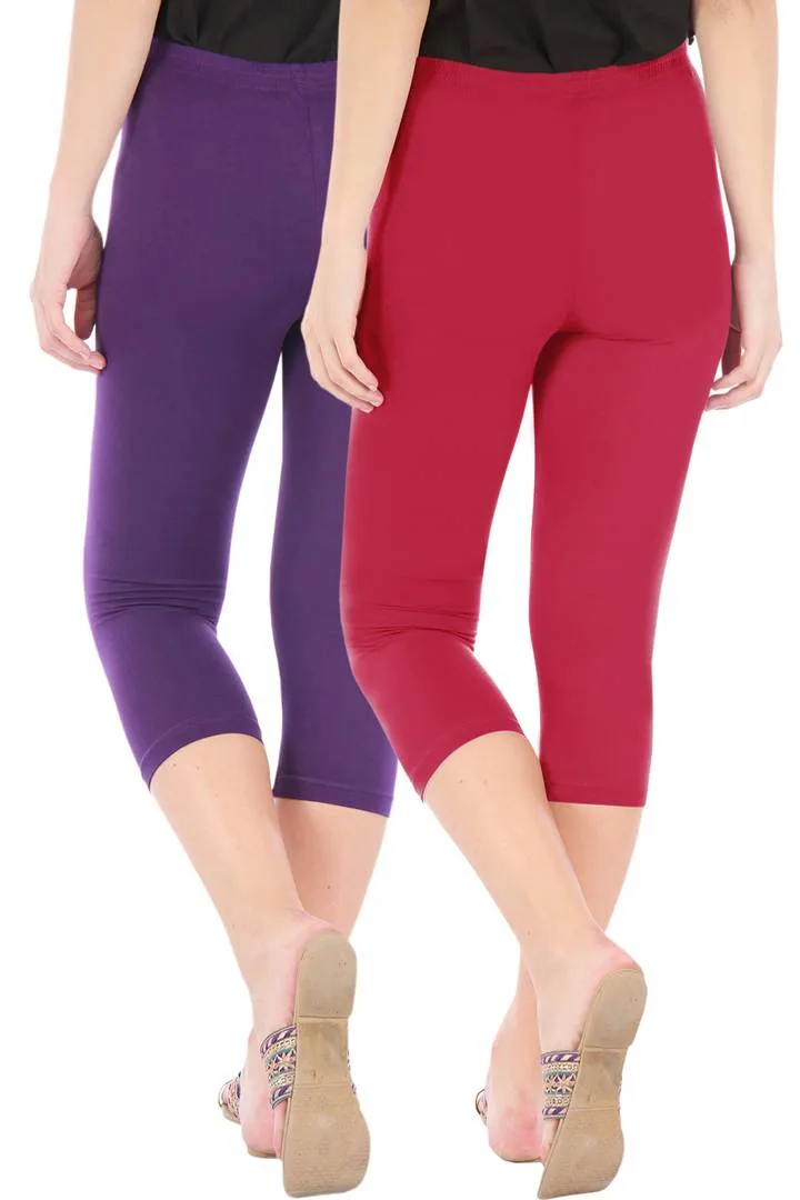 Combo Pack Of 2 Skinny Fit 3/4 Capris Leggings For Women Purple Tomato Red