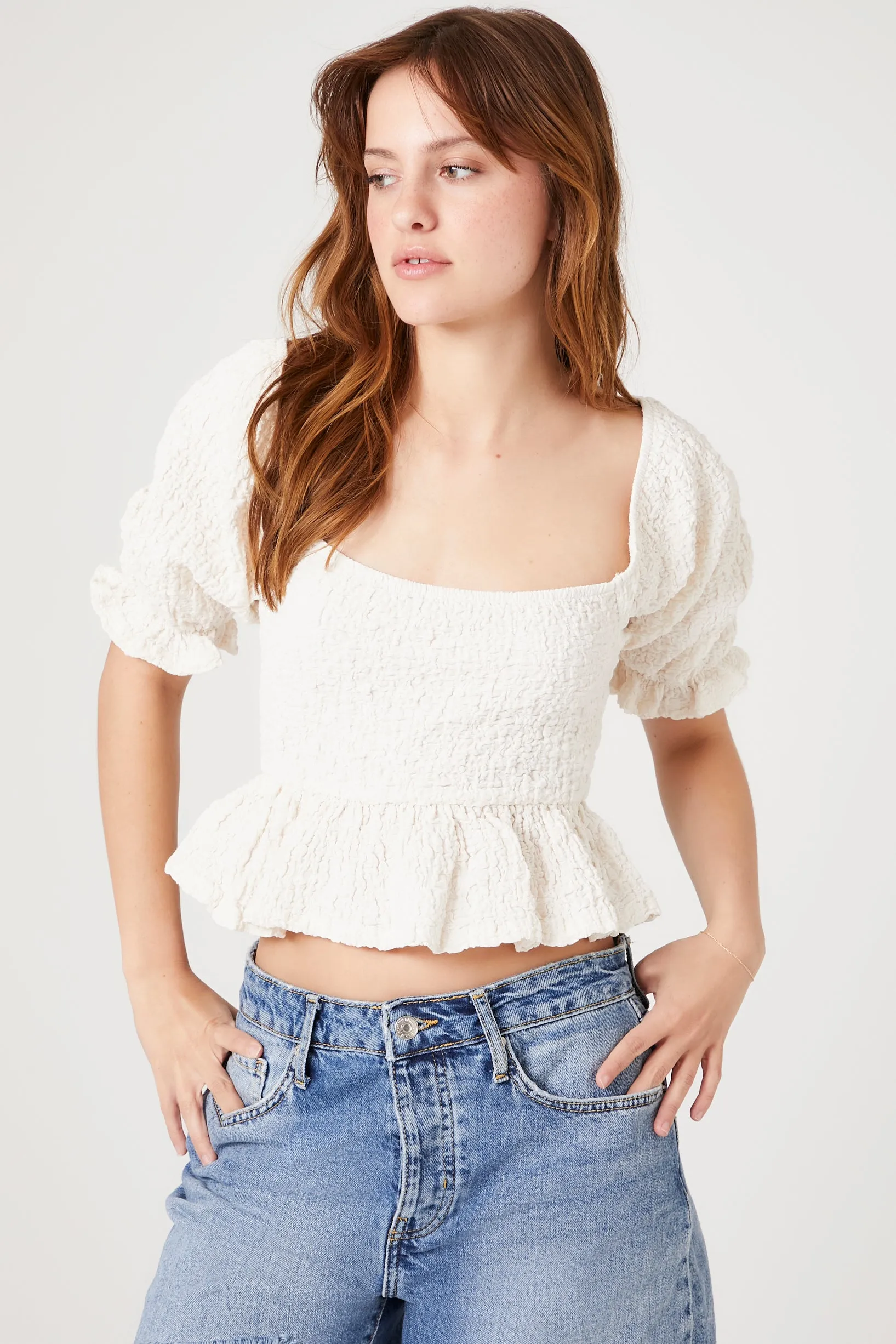 Crinkled Puff-Sleeve Crop Top