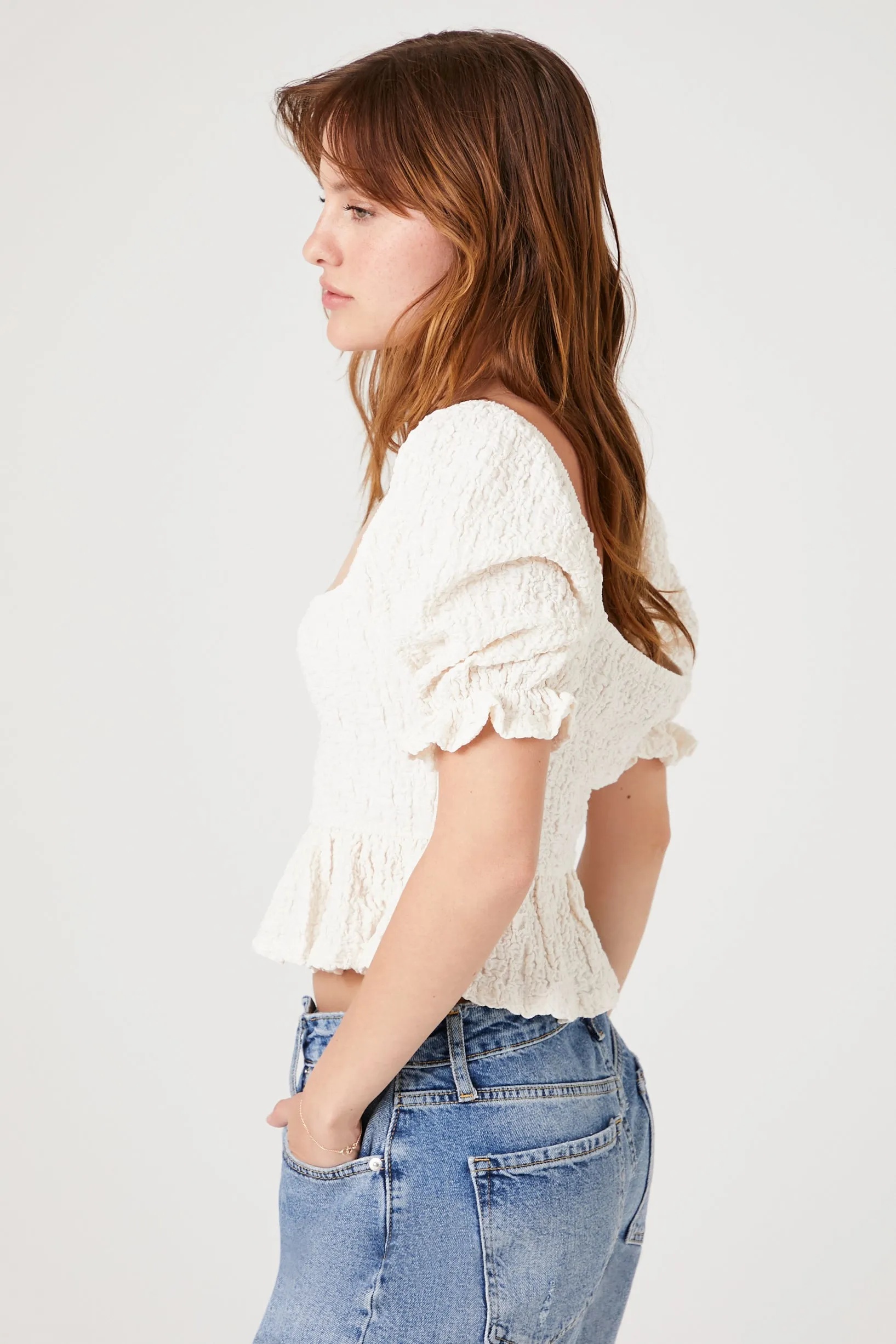 Crinkled Puff-Sleeve Crop Top