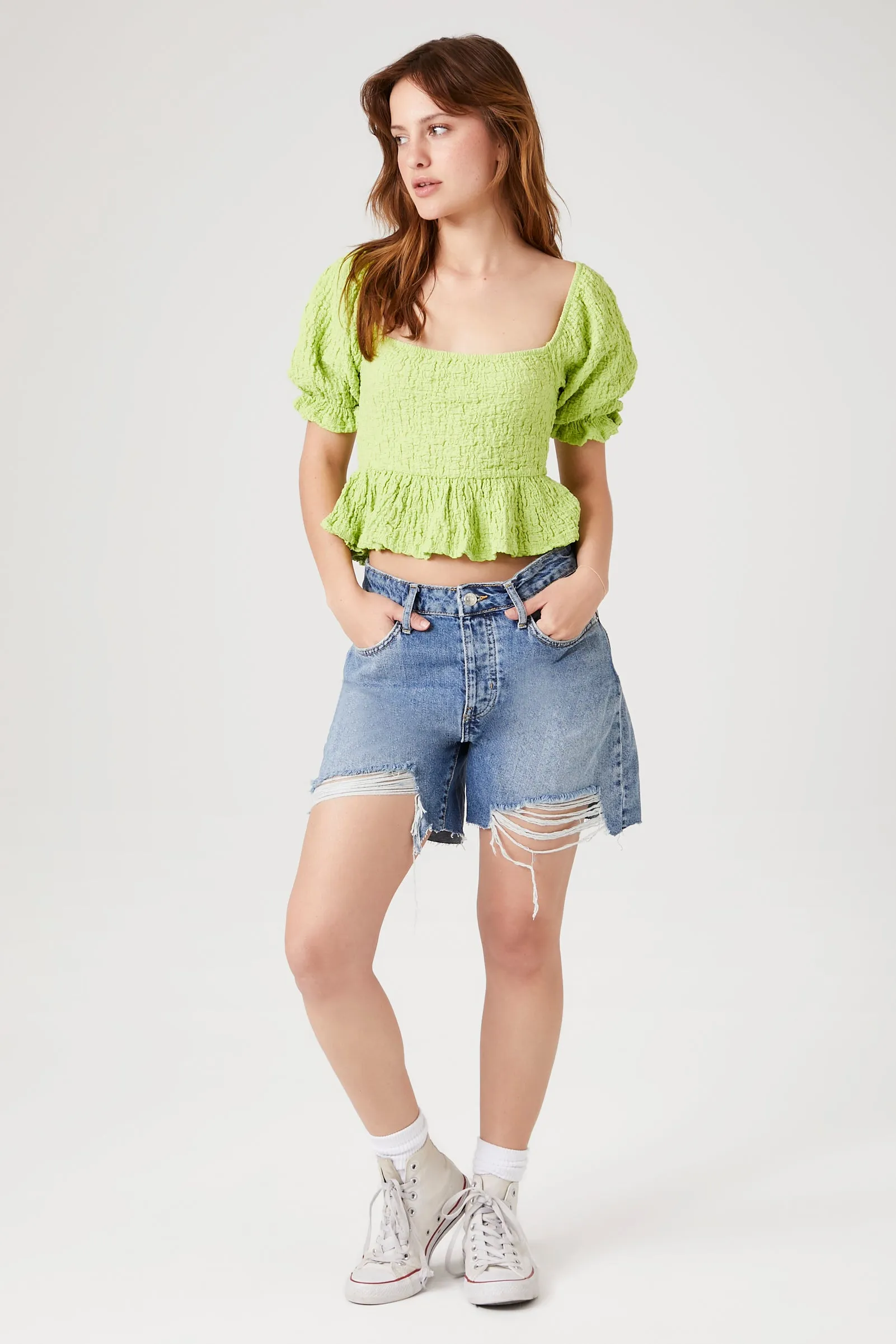 Crinkled Puff-Sleeve Crop Top