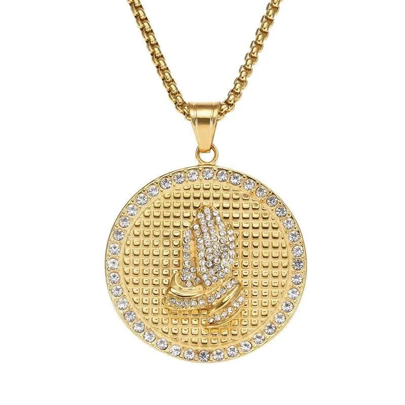 Crystal-Studded Gold-Plated Praying Hands Bling 316L Stainless Steel Hip-hop Pendant Necklace