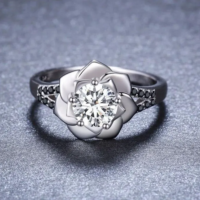 Cubic Zirconia Flower and Black Spinel Stones 925 Sterling Silver Fine Engagement Ring