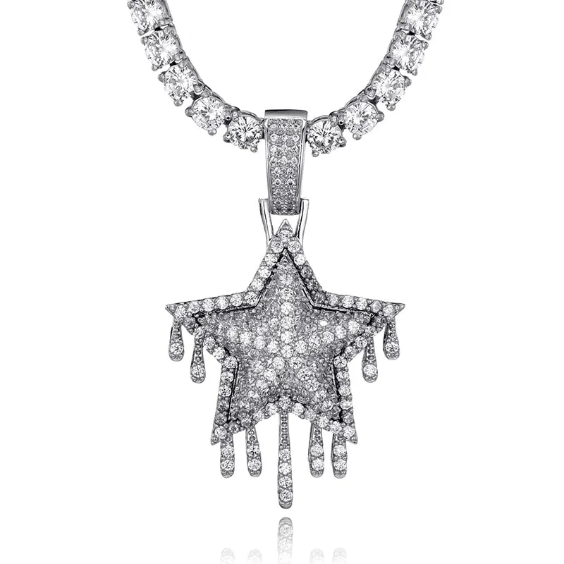 Cubic-Zirconia-Studded Dripping Star Bling Hip-hop Pendant Necklace