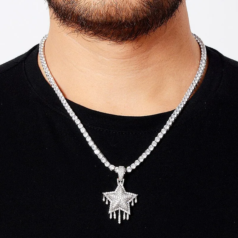 Cubic-Zirconia-Studded Dripping Star Bling Hip-hop Pendant Necklace