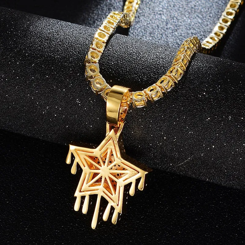 Cubic-Zirconia-Studded Dripping Star Bling Hip-hop Pendant Necklace