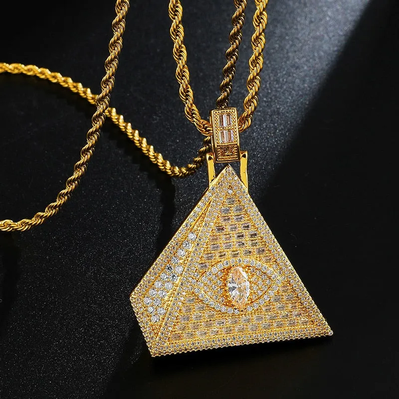 Cubic-Zirconia-Studded Pyramid Eye Bling Hip-hop Pendant Necklace